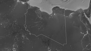 Libya, gölleri ve nehirleri olan gri ölçekli bir yükselme haritasında özetlendi