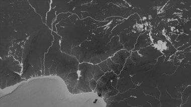 Nijerya, gölleri ve nehirleri olan bir Gri Tonlama yükseklik haritasında özetlenmiştir.