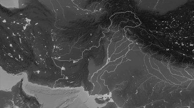 Pakistan, gölleri ve nehirleri olan bir Gri Tonlama yükseklik haritasında özetlenmiştir.