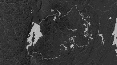 Ruanda, gölleri ve nehirleri olan bir Gri Tonlama yükseklik haritasında özetlenmiştir.