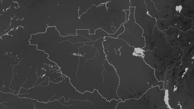 Güney Sudan, gölleri ve nehirleri olan bir Gri Tonlama yükseklik haritasında özetlenmiştir.