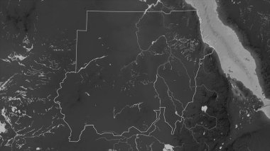 Sudan, gölleri ve nehirleri olan bir Gri Tonlama yükseklik haritasında özetlenmiştir.