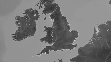 İngiltere - Büyük Britanya, gölleri ve nehirleri olan bir Gri Tonlama yükseklik haritasında özetlendi