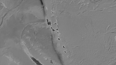 Vanuatu, gölleri ve nehirleri olan bir Gri Tonlama yükseklik haritasında özetlenmiştir.