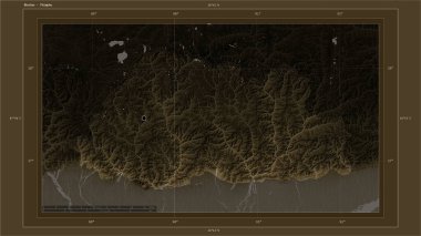 Butan, ülkenin başkenti, haritası, uzaklık ölçeği ve sınır koordinatlarıyla gölleri ve nehirleri gösteren sepya tonlarıyla renklendirilmiş bir yükseklik haritasına vurgu yaptı