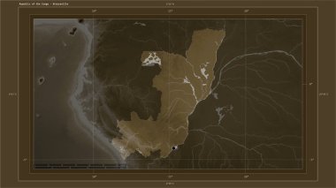 Kongo Cumhuriyeti, ülkenin başkenti, haritası, uzaklık ölçeği ve harita sınır koordinatlarıyla gölleri ve nehirleri gösteren sepya tonlarıyla renklendirilmiş bir yükseklik haritasına vurgu yaptı.