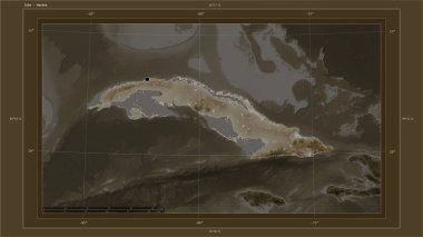 Küba, ülkenin başkenti, haritası, uzaklık ölçeği ve sınır koordinatlarıyla gölleri ve nehirleri eşleştiren sepya tonlarıyla renklendirilmiş bir yükseklik haritasına vurgulandı