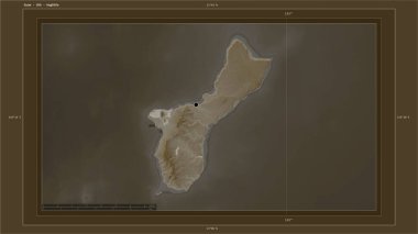 Guam - ABD, ülkenin başkenti, haritası, uzaklık ölçeği ve sınır koordinatlarıyla gölleri ve nehirleri gösteren sepya tonlarıyla renklendirilmiş bir yükseklik haritasına vurgulandı