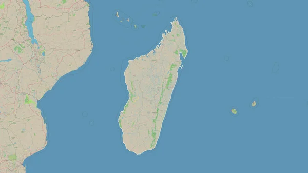 stock image Madagascar outlined on a topographic, OSM Germany style map