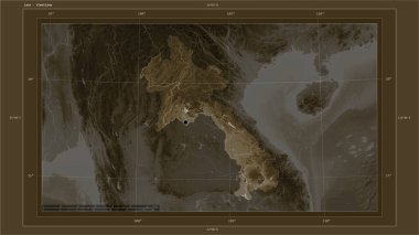 Laos, ülkenin başkenti, haritası, uzaklık ölçeği ve sınır koordinatlarıyla gölleri ve nehirleri eşleştiren sepya tonlarıyla renklendirilmiş bir yükseklik haritasına vurgulandı