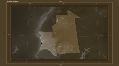 Moritanya, ülkenin başkent noktası, haritası, uzaklık ölçeği ve sınır koordinatlarıyla birlikte gölleri ve nehirleri gösteren sepya tonlarıyla renklendirilmiş bir yükseklik haritasına vurgulandı