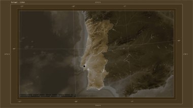 Portekiz, ülkenin başkenti, haritası, uzaklık ölçeği ve sınır koordinatlarıyla gölleri ve nehirleri eşleştiren sepya tonlarıyla renklendirilmiş bir yükseklik haritasına vurgulandı