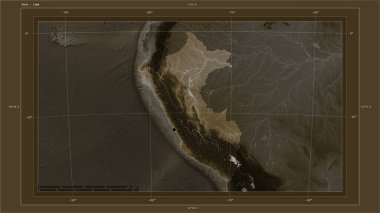 Peru, ülkenin başkenti, haritası, uzaklık ölçeği ve sınır koordinatlarıyla gölleri ve nehirleri eşleştiren sepya tonlarıyla renklendirilmiş bir yükseklik haritasına vurgulandı