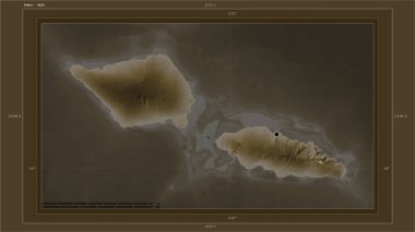 Samoa, ülkenin başkenti, haritası, uzaklık ölçeği ve sınır koordinatlarıyla gölleri ve nehirleri gösteren sepya tonlarıyla renklendirilmiş bir yükseklik haritasına vurgulandı