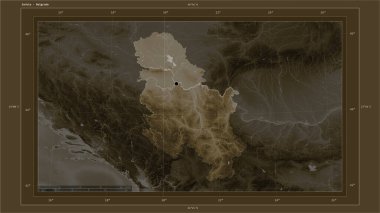 Sırbistan, ülkenin başkenti, haritası, uzaklık ölçeği ve sınır koordinatlarıyla gölleri ve nehirleri eşleştiren sepya tonlarıyla renklendirilmiş bir yükseklik haritasına dikkat çekti