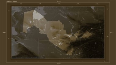 Özbekistan, ülkenin başkenti, haritası, uzaklık ölçeği ve sınır koordinatlarıyla gölleri ve nehirleri gösteren sepya tonlarıyla renklendirilmiş bir yükseklik haritasına vurgulandı