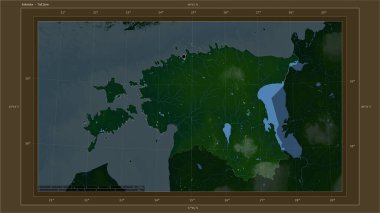 Estonya, ülkenin başkenti, haritası, uzaklık ölçeği ve harita sınır koordinatlarıyla gölleri ve nehirleri gösteren renkli bir yükseklik haritasına vurgulandı