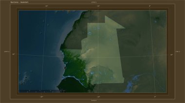 Moritanya, ülkenin başkenti, haritası, uzaklık ölçeği ve harita sınır koordinatlarıyla gölleri ve nehirleri gösteren renkli bir yükseklik haritasına vurgulandı
