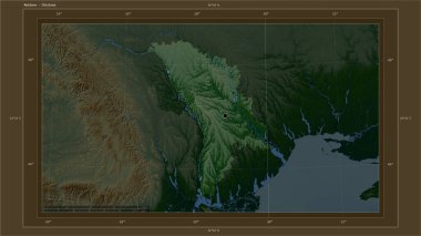 Moldova, ülkenin başkenti, haritası, uzaklık ölçeği ve sınır koordinatlarıyla gölleri ve nehirleri gösteren renkli bir yükseklik haritasına vurgulandı