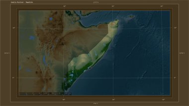 Somali Anakarası, ülkenin başkenti, haritası, uzaklık ölçeği ve sınır koordinatlarıyla gölleri ve nehirleri gösteren renkli bir yükseklik haritasına vurgulandı