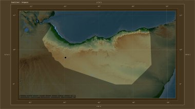 Somaliland, ülkenin başkenti, haritası, uzaklık ölçeği ve harita sınır koordinatlarıyla gölleri ve nehirleri gösteren renkli bir yükseklik haritasına vurgulandı