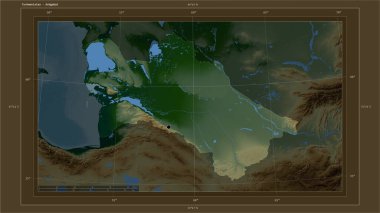 Türkmenistan, ülkenin başkenti, haritası, uzaklık ölçeği ve harita sınır koordinatlarıyla gölleri ve nehirleri gösteren renkli bir yükseklik haritasına vurgulandı