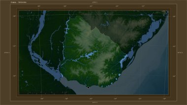 Uruguay, ülkenin başkenti, haritası, uzaklık ölçeği ve harita sınır koordinatlarıyla gölleri ve nehirleri gösteren renkli bir yükseklik haritasına vurgulandı