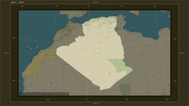 Cezayir, ülkenin başkenti, haritası, uzaklık ölçeği ve harita sınır koordinatlarıyla birlikte bir topoğrafi, OSM İnsani Harita haritasına vurgulandı