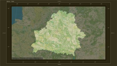 Belarus highlighted on a topographic, OSM Humanitarian style map map with the country's capital point, cartographic grid, distance scale and map border coordinates