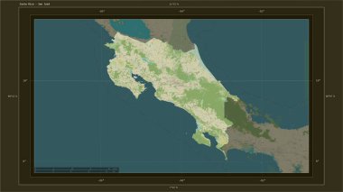 Kosta Rika, ülkenin başkenti, haritası, uzaklık ölçeği ve harita sınır koordinatlarıyla bir topoğrafi, OSM İnsani Harita haritasına vurgulandı