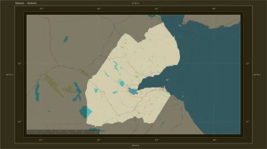 Cibuti, ülkenin başkenti, haritası, uzaklık ölçeği ve harita sınır koordinatlarıyla birlikte bir topoğrafi, OSM İnsani Harita haritasına vurgulandı