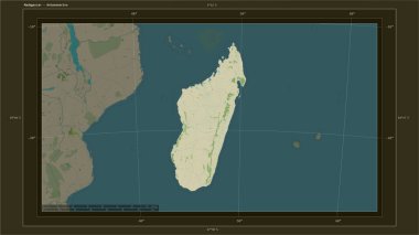 Madagaskar, ülkenin başkenti, haritası, uzaklık ölçeği ve harita sınır koordinatlarıyla birlikte bir topoğrafik, OSM İnsani Harita haritasına vurgulandı