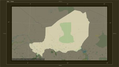 Nijer, ülkenin başkenti, haritası, uzaklık ölçeği ve harita sınır koordinatlarıyla bir topoğrafi, OSM İnsani Harita haritasına vurgulandı