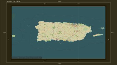 Porto Riko - ABD, ülkenin başkenti, haritası, uzaklık ölçeği ve harita sınır koordinatlarıyla bir topoğrafi, OSM İnsani Harita haritasına vurgulandı