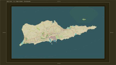 Saint Croix - ABD Virjin Adaları, ülkenin başkenti, haritası, uzaklık ölçeği ve harita sınır koordinatlarıyla birlikte bir topoğrafik, OSM İnsani Harita haritasına vurgulandı