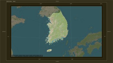 Güney Kore, ülkenin başkenti, haritası, uzaklık ölçeği ve harita sınır koordinatlarıyla bir topoğrafik, OSM İnsani Harita haritasına vurgulandı