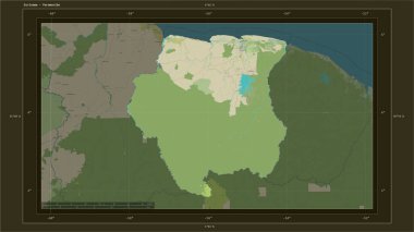 Surinam, ülkenin başkenti, haritası, uzaklık ölçeği ve harita sınır koordinatlarıyla bir topoğrafi, OSM İnsani Harita haritasına vurgulandı