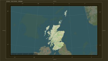 İskoçya - İngiltere, ülkenin başkenti, haritası, uzaklık ölçeği ve harita sınır koordinatlarıyla bir topoğrafi, OSM İnsani Harita haritasına vurgulandı