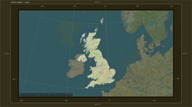 Birleşik Krallık, ülkenin başkenti, haritası, uzaklık ölçeği ve harita sınır koordinatlarıyla bir topoğrafi, OSM İnsani Harita haritasına vurgulandı