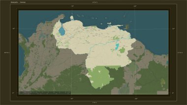 Venezuela, ülkenin başkenti, haritası, uzaklık ölçeği ve harita sınır koordinatlarıyla birlikte bir topoğrafi, OSM İnsani Harita haritasına vurgulandı