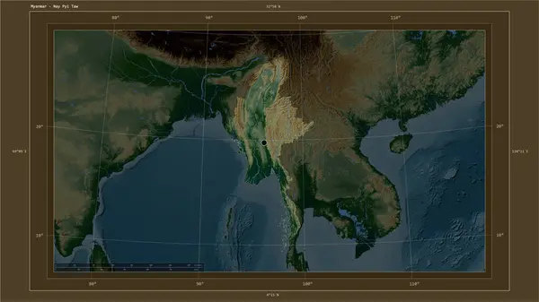 Myanmar Destaca Mapa Elevación Colores Con Lagos Ríos Mapa Con — Foto de Stock