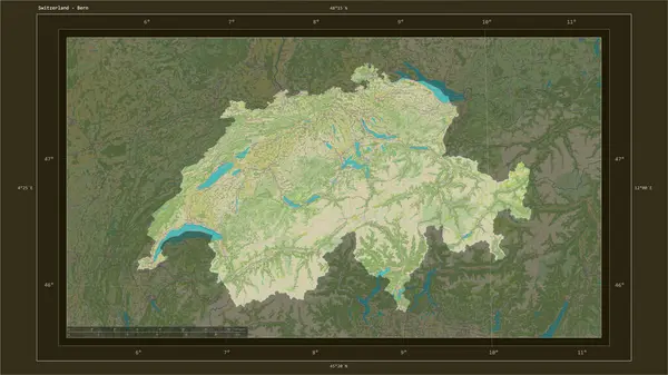 İsviçre, ülkenin başkenti, haritası, uzaklık ölçeği ve harita sınır koordinatlarıyla bir topoğrafi, OSM İnsani Harita haritasına vurgulandı