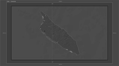 Aruba, ülkenin başkenti, haritası, uzaklık ölçeği ve harita sınır koordinatlarıyla gölleri ve nehirleri gösteren çift seviyeli bir yükseklik haritasına vurgulandı
