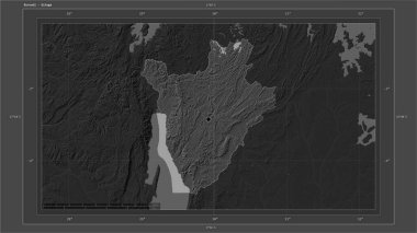 Burundi, ülkenin başkenti, haritası, uzaklık ölçeği ve harita sınır koordinatlarıyla gölleri ve nehirleri gösteren çift seviyeli bir yükseklik haritasına vurgulandı