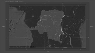 Demokratik Kongo Cumhuriyeti, ülkenin başkenti, haritası, uzaklık ölçeği ve sınır koordinatlarıyla gölleri ve nehirleri gösteren bir çift seviyeli yükseklik haritasına vurgulandı