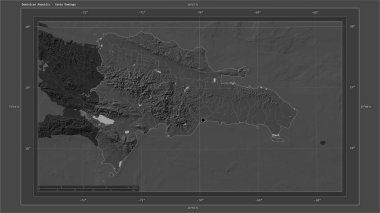 Dominik Cumhuriyeti, ülkenin başkenti, haritası, uzaklık ölçeği ve harita sınır koordinatlarıyla gölleri ve nehirleri gösteren çift seviyeli bir yükseklik haritasına vurgulandı