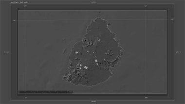 Mauritius, ülkenin başkent noktası, haritası, uzaklık ölçeği ve sınır koordinatlarıyla gölleri ve nehirleri gösteren çift seviyeli bir yükseklik haritasına vurgulandı