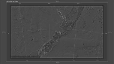 Yeni Zelanda, ülkenin başkenti, haritası, uzaklık ölçeği ve harita sınır koordinatlarıyla gölleri ve nehirleri eşleştiren bir çift seviyeli yükseklik haritasına vurgulandı