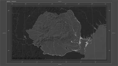 Romanya, ülkenin sermaye noktası, haritası, uzaklık ölçeği ve sınır koordinatlarıyla gölleri ve nehirleri gösteren Bilevel yükseklik haritasına vurgu yaptı