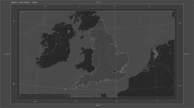 İngiltere - İngiltere, ülkenin başkenti haritası, haritası, uzaklık ölçeği ve harita sınır koordinatlarıyla gölleri ve nehirleri içeren çift seviyeli bir yükseklik haritasına vurgulandı